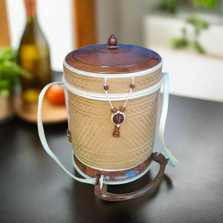 Handwoven Lao Sticky Rice Container with Lid – Natural Bamboo (11cm x 13cm, 332g)